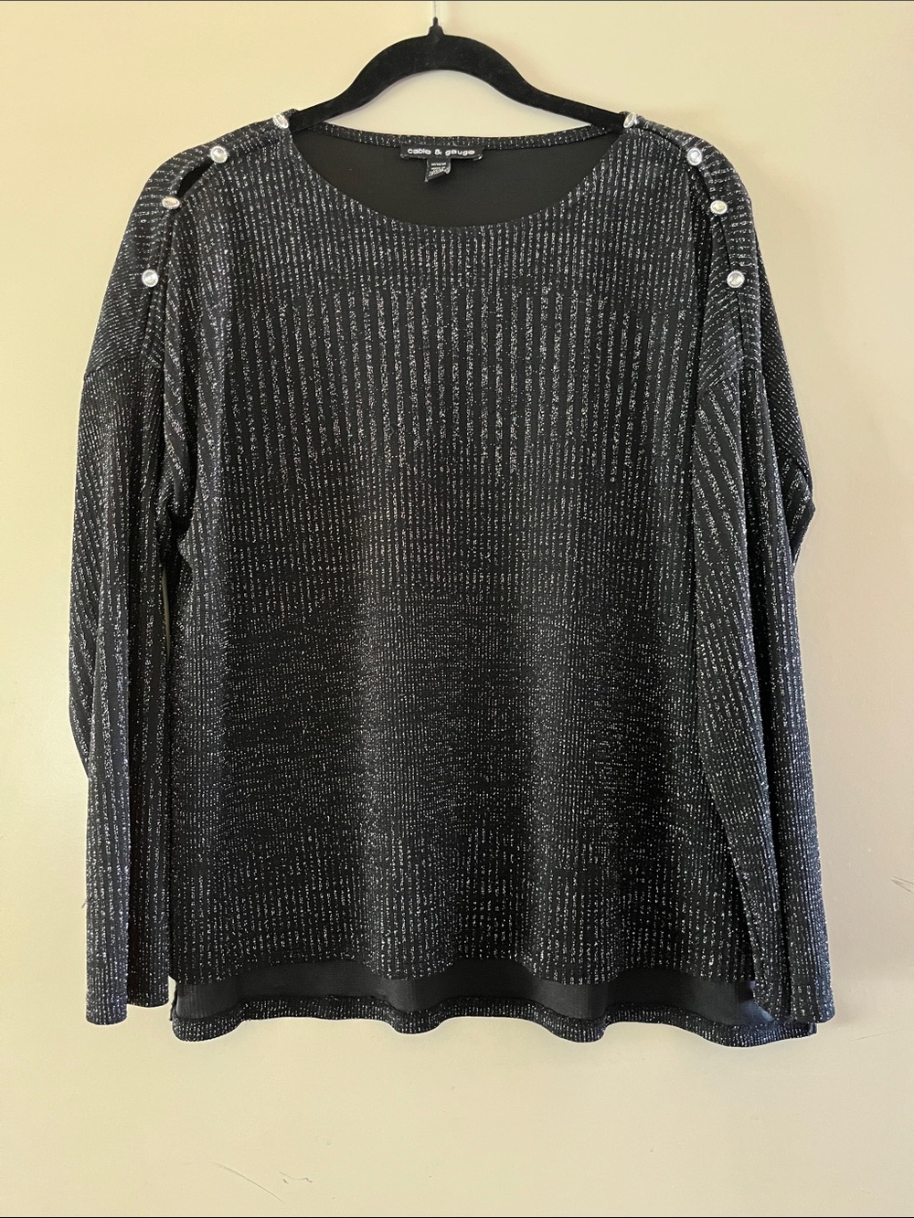 Cable & Gauge Black Sparkle Crewneck Sweater with Shoulder Buttons